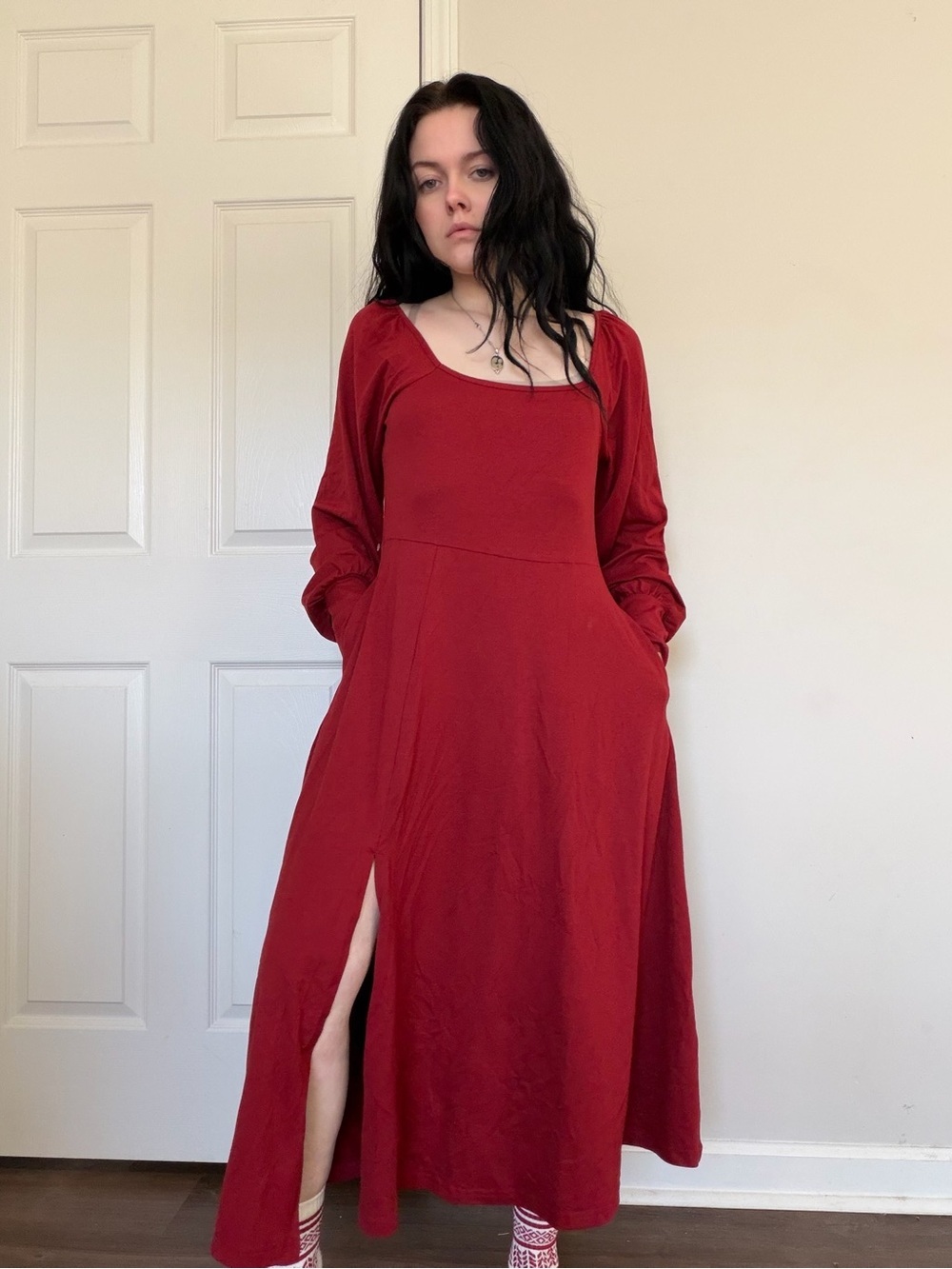 Able Women's Deep Red Long Sleeve Maxi Dress with Side Slit small new no tags